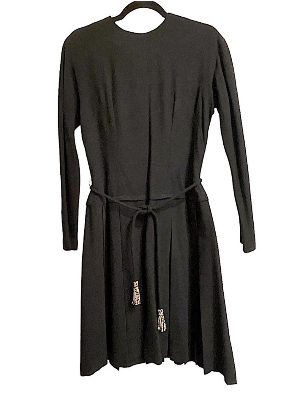 Vintage Black Wool Blend Drop Waist Midi Dress with Leopard Tassel Belt Size 10